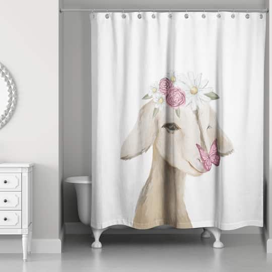 Designs Direct; Cute Baby Goat Butterfly Flowers 71" x 74" Shower Curtain; Category:Shower Curtains; Image:1
